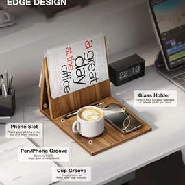 家用床头阅读书支架木质三角形书签置物架实木咖啡杯托手机架一体