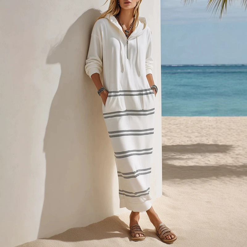 2026 Autumn/Winter New European and American Resort Style French Casual Loose Slimming Hooded Striped Sweatshirt Dress 2026 Autumn/Winter New European and American Resort Style French Casual Loose Slimming Hooded Striped Sweatshirt Dress