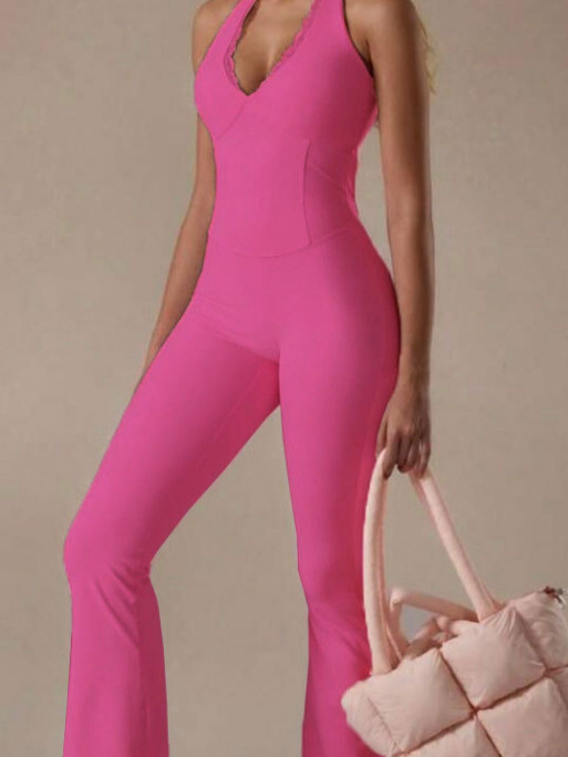 G25J196 Barbie polvo cuello de cuello en V ropa de yoga encaje cintura en forma de pantalones elásticos ajustados