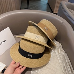 字母水鑽綁帶平頂草編禮帽女夏季遮陽防曬海邊沙灘帽子時尚草帽潮