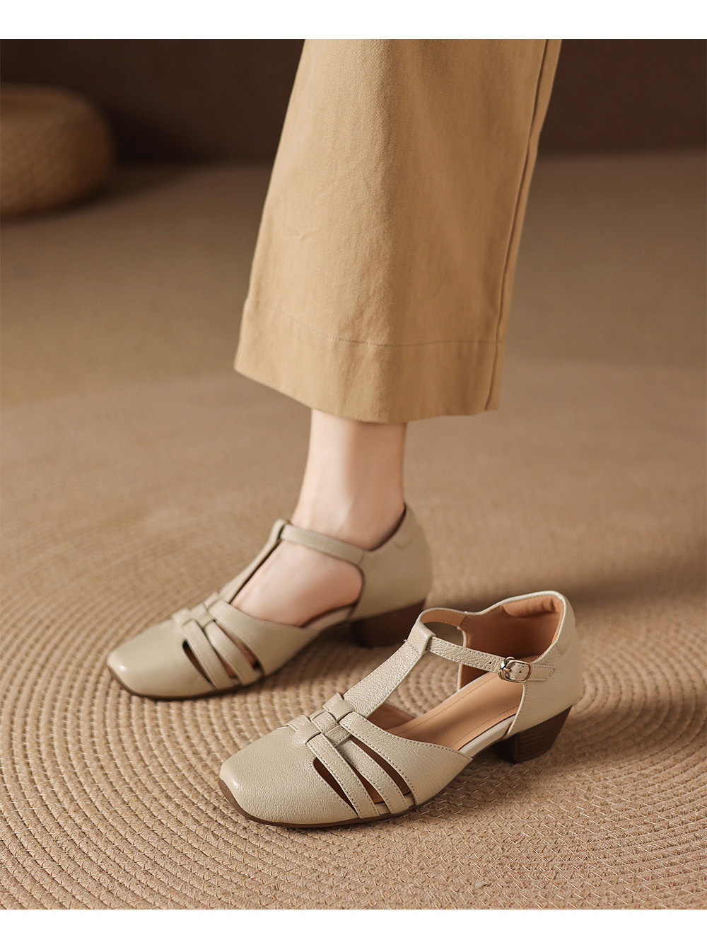 Sandal nữ da cừu dệt bao đầu mũi vuông gót dày 3.5cm quai ngang kiểu La Mã — màu trắng ngà chi tiết 9