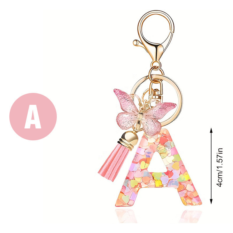 Cross-Border Hot Selling Pink Sequin Resin 26 Letter Keychain Butterfly Tassel Jewelry Accessories Best Friend Girlfriend Gift