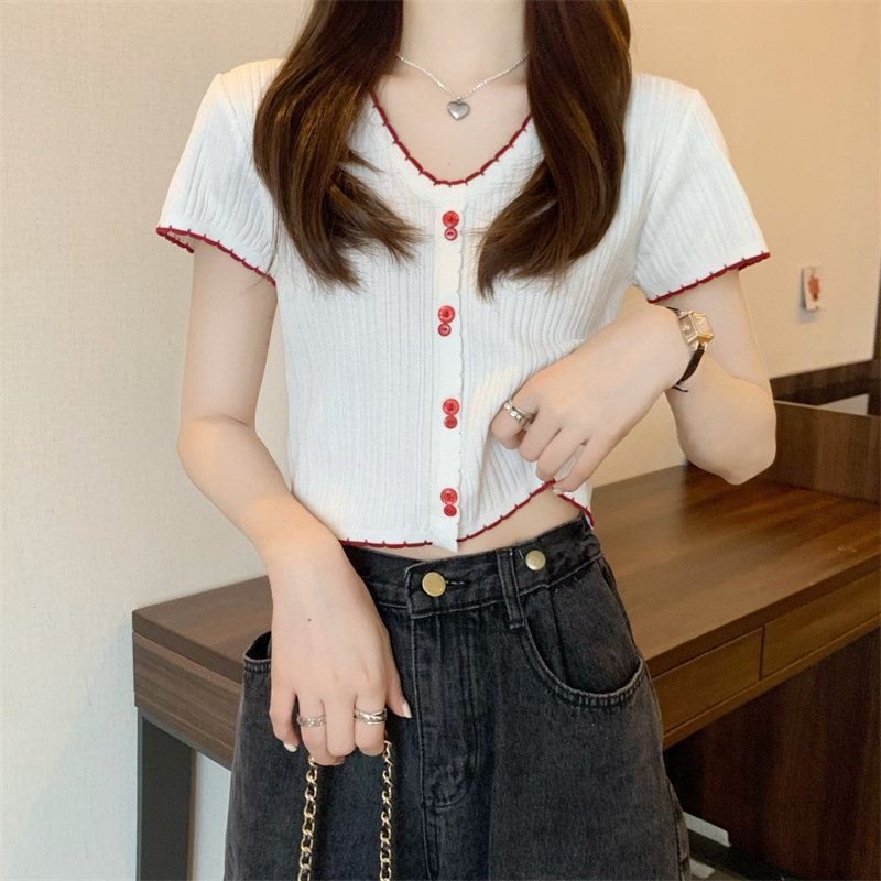 韓国の純粋な欲望デザインの女性用半袖ニットTシャツ2025新しい夏スタイルのスリムフィットショートトップ|undefined