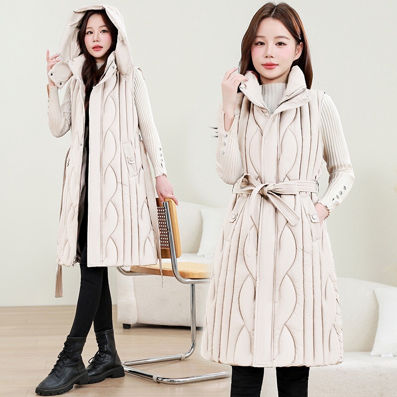 Women's mid-length cotton vest with drawstring waist, new autumn and winter style, slimming and warm outerwear