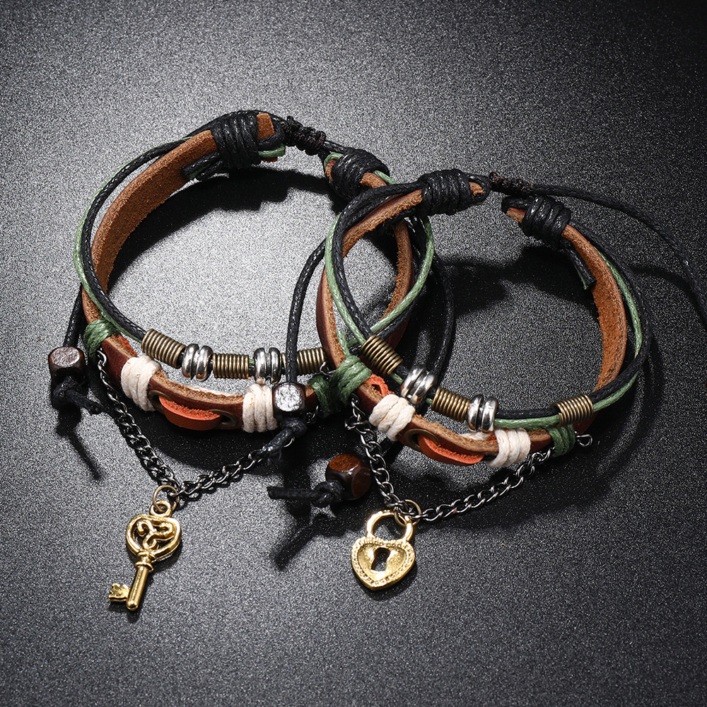 Retro Key Lock Pu Leather Alloy Wax Line Knitting Couple Bracelets display picture 2
