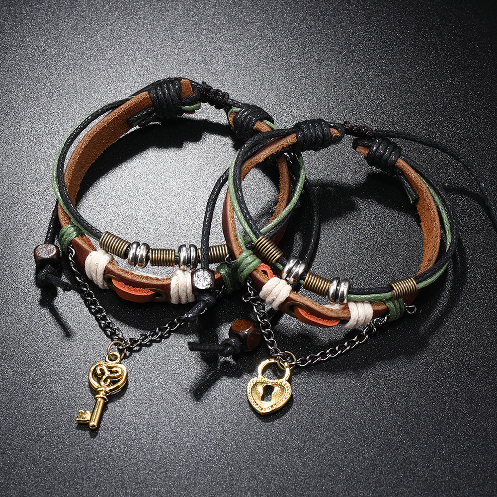 1 Pair Quantity Retro Key Lock Pu Leather Alloy Wax Line Knitting Couple Bracelets