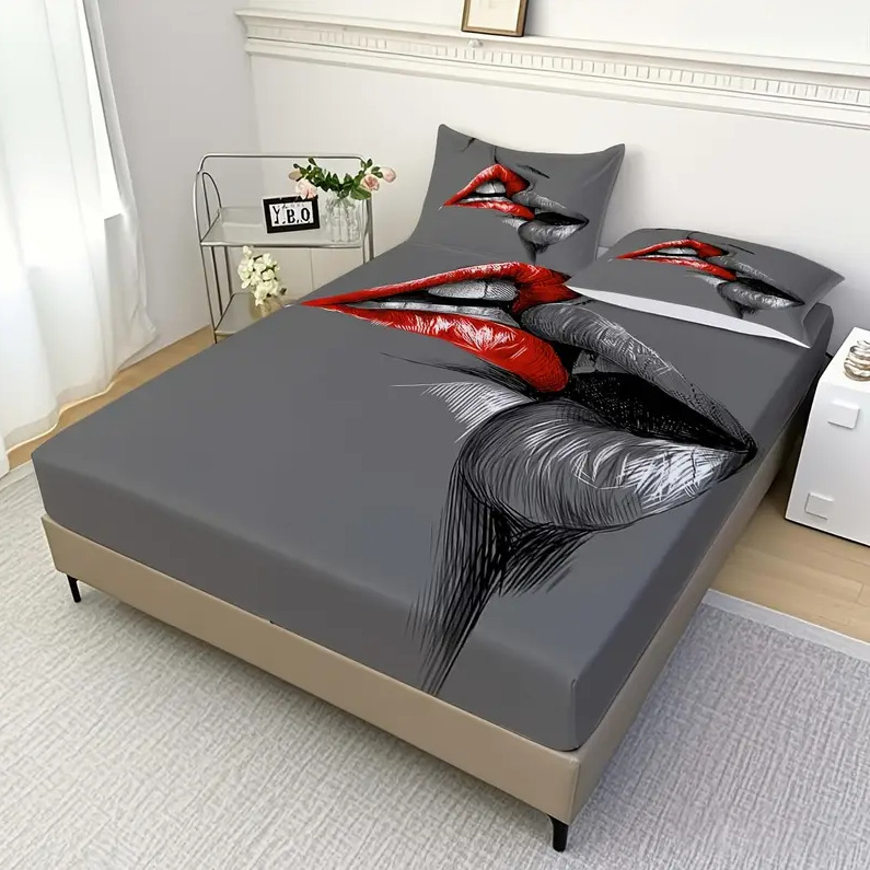 TEMU / JIT transfronterizo sexy rojo y negro labios de impresión digital HD cama gaza almohada kit fuente fabricante