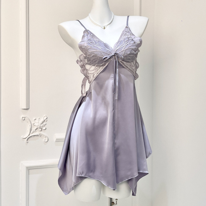 Nuevo pijama de verano para chicas delgado puro deseo de viento sexy mariposa hueca hermosa espalda hielo y nieve seda falda de cinturón ropa para el hogar