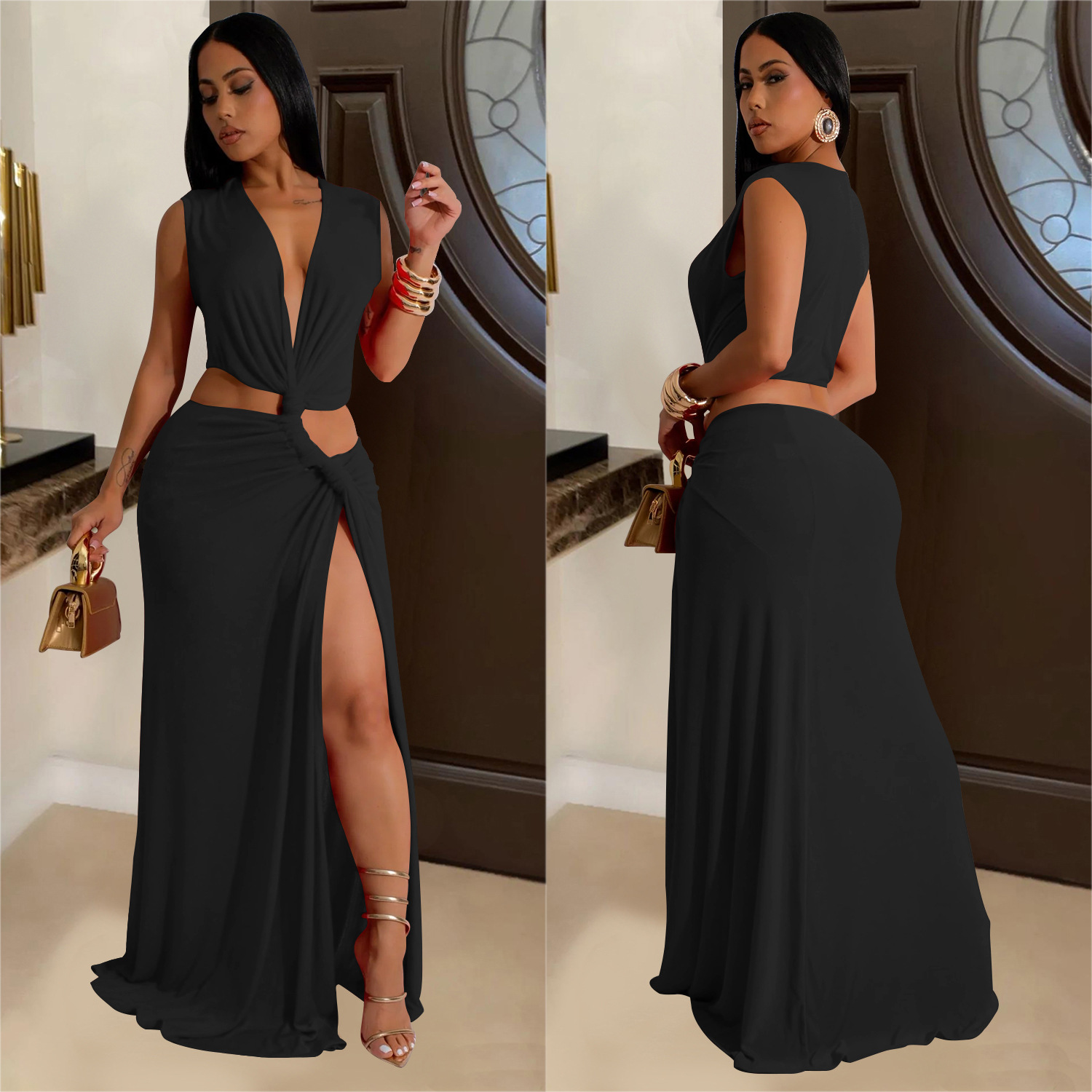C7062 Aliexpress transfronterizo Amazon estación independiente de moda europea y americana vestido de mujer sin mangas profundo V bifurcado nuevo image 4