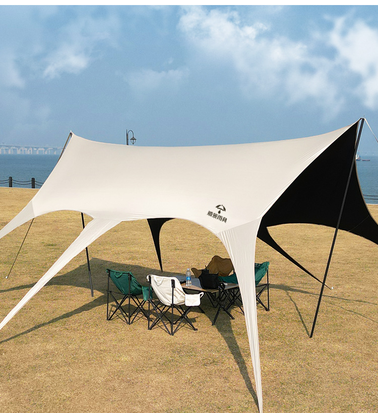 Outdoor Swallowtail Canopy Sunshade, Windproof and Rainproof Camping Gear, Silver Black Glue Lazy Canopy Tent, No Need to Tie Ropes