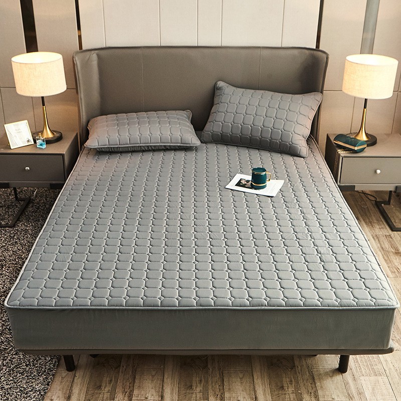 Cotton Quilted Mattress Protector Solid Color Hotel Bed Cover_voghion.com