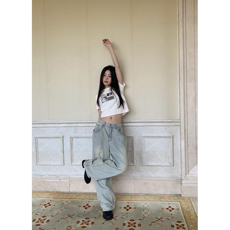 YUYI NEW 2024 SPRING INS 레트로 아메리칸 스타일 메탈 버클 와이드 레그 청바지 여성용 올드 올 매치 캐주얼 바지