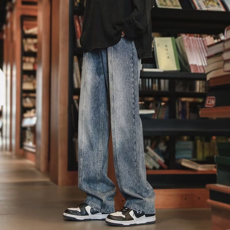 American High Street Jeans para hombre otoño nuevo estilo suelto casual pantalones de pierna recta pie cremallera pantalones de diseño sin bordes