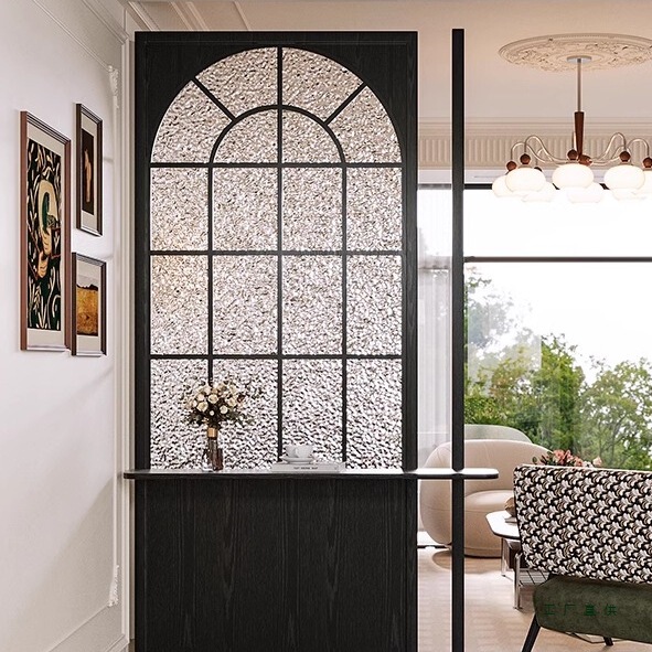 French-Style Retro Solid Wood Glass Screen Partition for Living Room Door Blocking Decorative Screen Home Entrance Screen