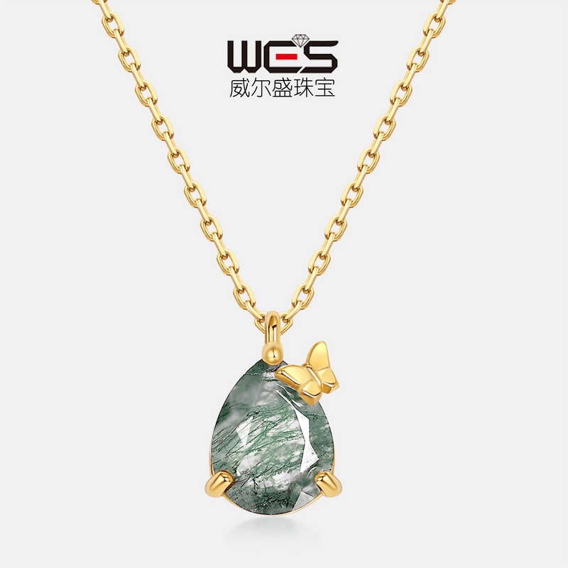 Venta caliente transfronteriza gota de agua de moda simple colgante de ágata de hierba de agua natural S925 con incrustaciones de plata collar de piedra de musgo verde personalizado