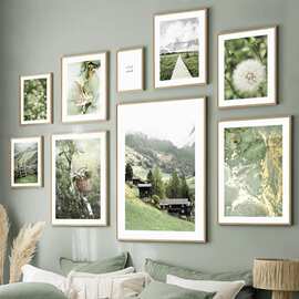 北欧白花蒲公英绿山系列风景图片墙画印刷海报帆布画客厅装饰