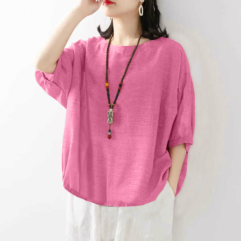 Pure Cotton Top Women's Imitation Cotton and Linen Short-sleeved plus size Shirt Women's Artistic Loose Pullover Solid Color Short-sleeved T-shirt for Women