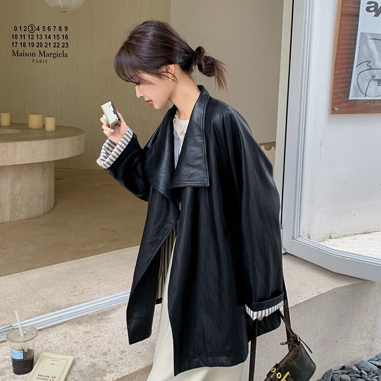 黑色港风复古设计感宽松显瘦皮衣女秋季2025新款百搭PU皮夹克外套|undefined