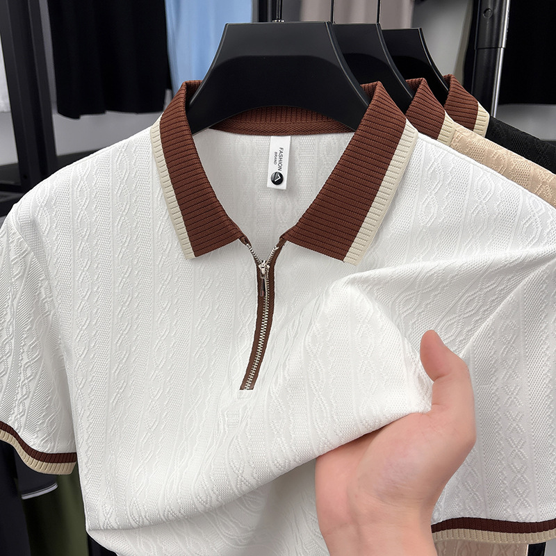 Hombres de mediana edad clásicos de color sólido semia cremallera solapa polo camiseta jacquard rayas de verano nuevo hombre camiseta de manga corta