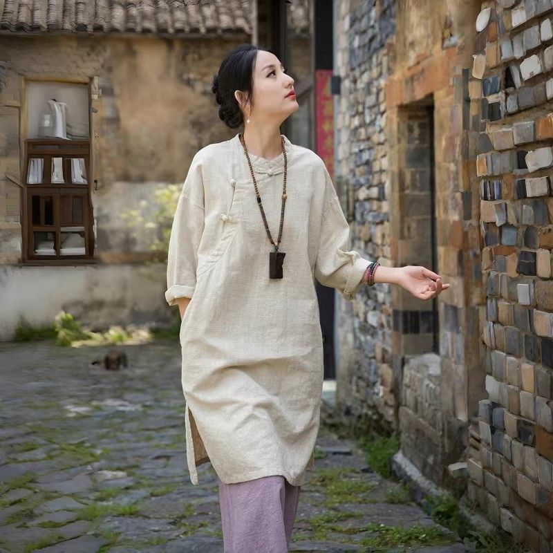 New Chinese-Style Cotton Blouse for Women 2026 New Model National Style Retro Button-Up Shirt Improved Cheongsam Long Dress