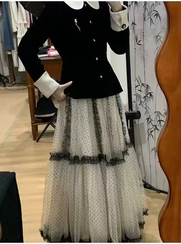 バレエ風アンドロメダのネット糸は蓬蓬蓬スカートの子供2025の新型の高腰が痩せている青い波点の半身のロングスカートをつなぎ合わせた