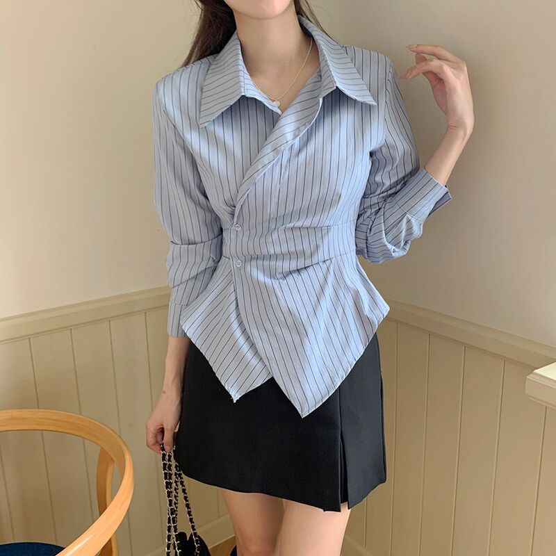 2025 New Fashion Design Irregular Waist Long-Sleeved Slim Casual Versatile Short Striped Shirt Top
