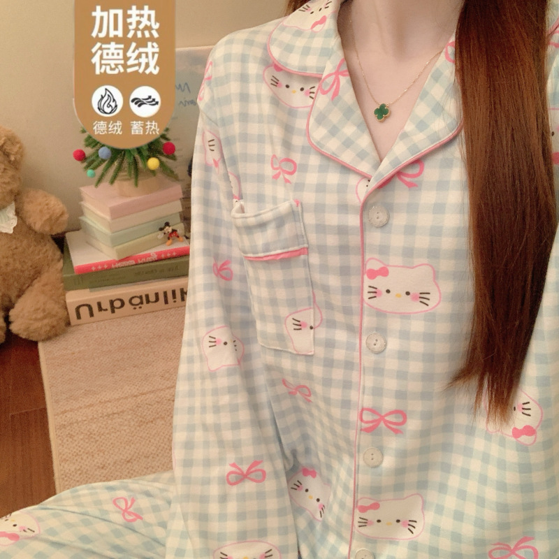 德绒睡衣女款秋冬季甜美蝴蝶结卡通长袖套装加厚保暖家居服可外穿|undefined