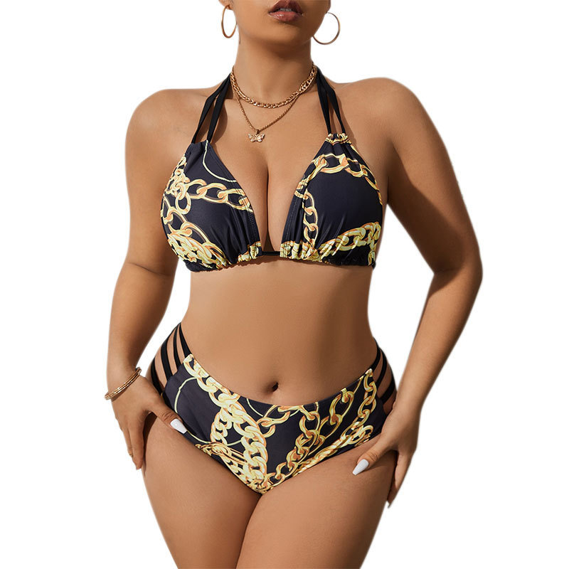 Plus Size High-Waist Bikini Set – Cheetah Print Halter Tie-Front Swimwear (0XL-4XL, 82% Polyester + Nylon Lining, Tummy Control)_voghion.com