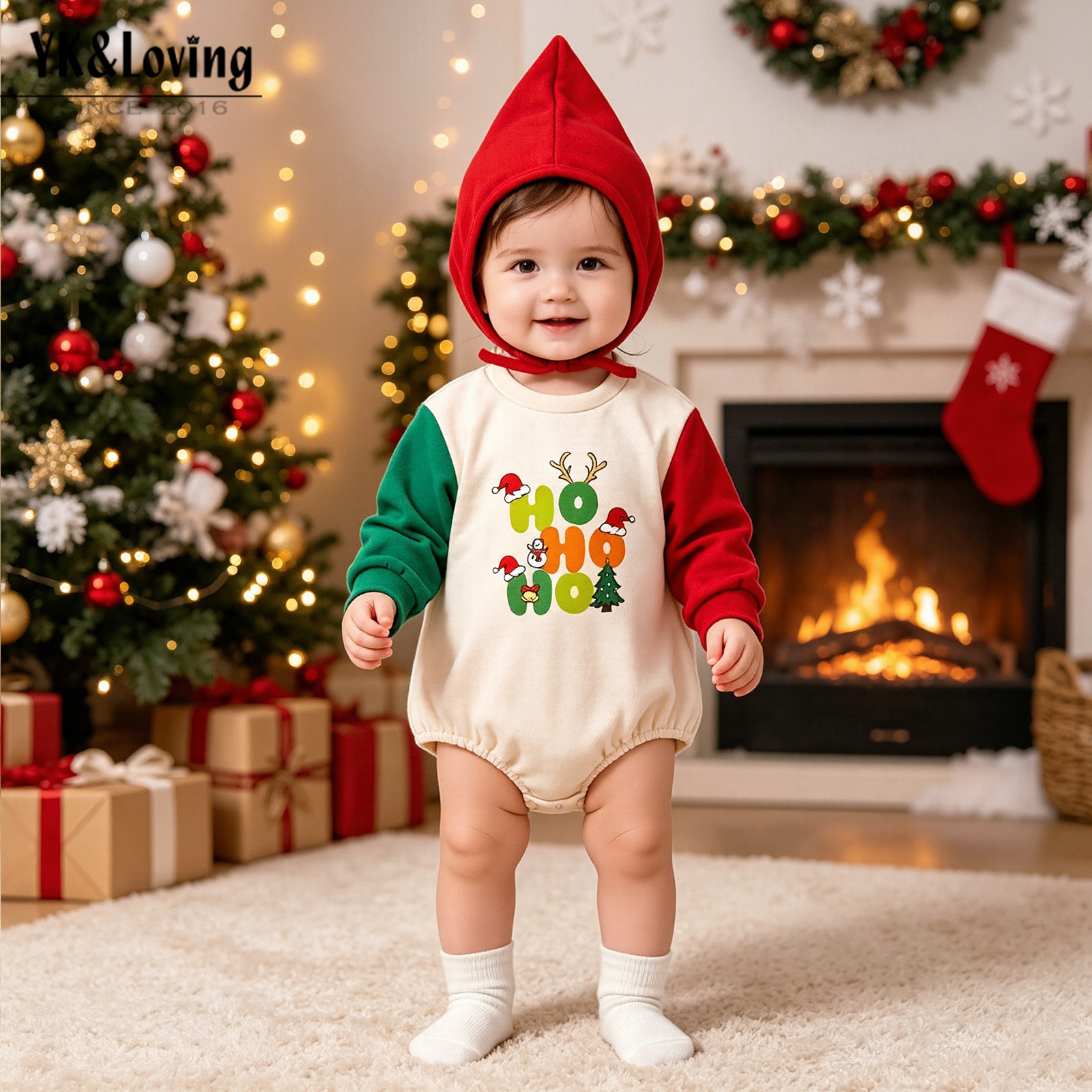 Cross-Border Children's Clothing Christmas Baby Jumpsuit Hat Set Baby Autumn and Winter Warm Velvet Long-Sleeved Robe