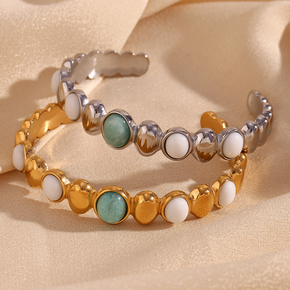 Oval Natural Stone Inlaid Open Stainless Steel Bracelet