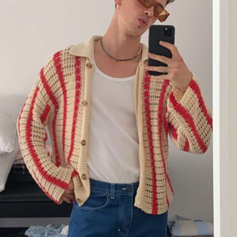 SweaterCrochet StripedThread Lapel Knit Cardigan