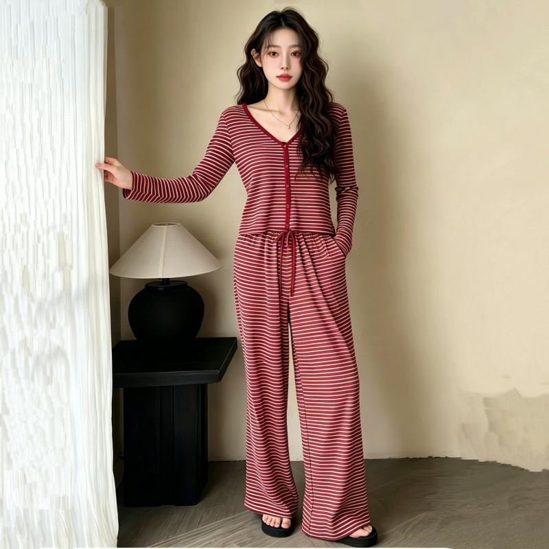 Simple style red striped pajamas for women, long-sleeved V-neck cardigan and long pants, early autumn loungewear set, suitable for casual wear outside Simple style red striped pajamas for women, long-sleeved V-neck cardigan and long pants, early autumn loungewear set, suitable for casual wear outside
