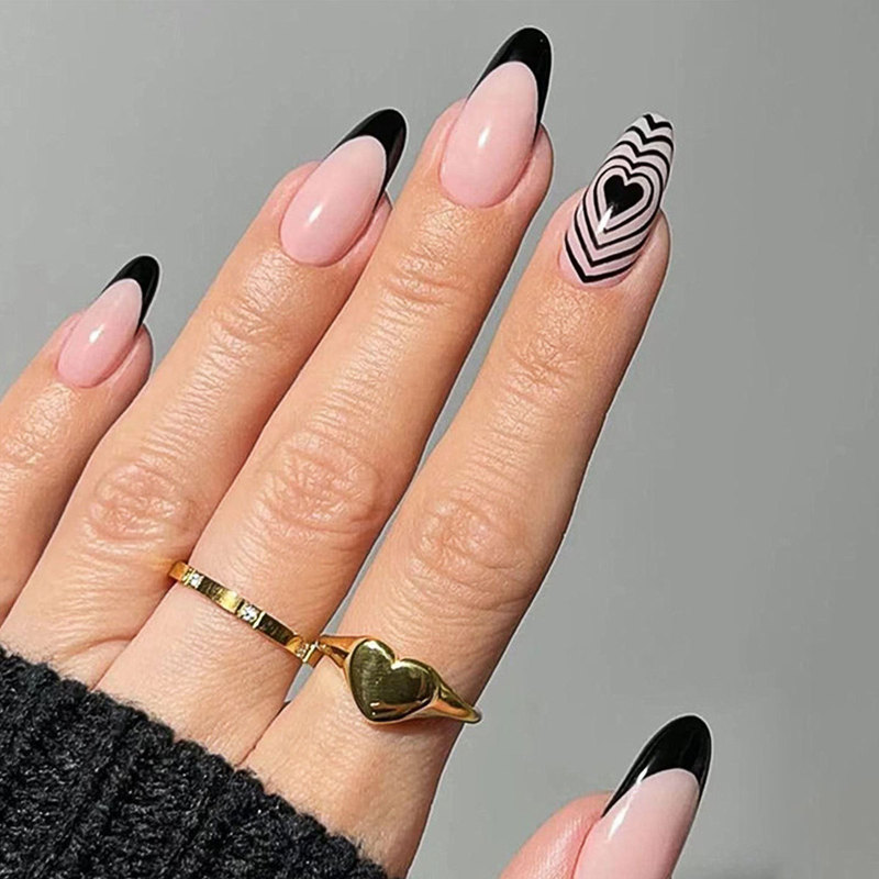 Almond-shaped Nail Nails Simple Black French Psychedelic Laminated Love Fake Nails Nails