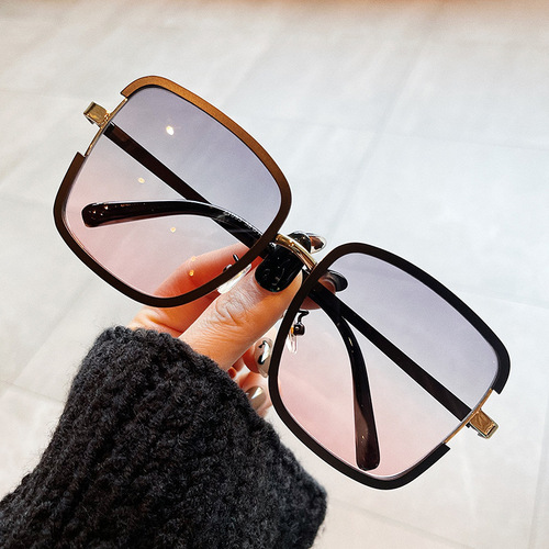 Qianai's new metal sunglasses, women's trendy Korean style personalized two-color electroplated large square sunglasses, anti-UV glasses