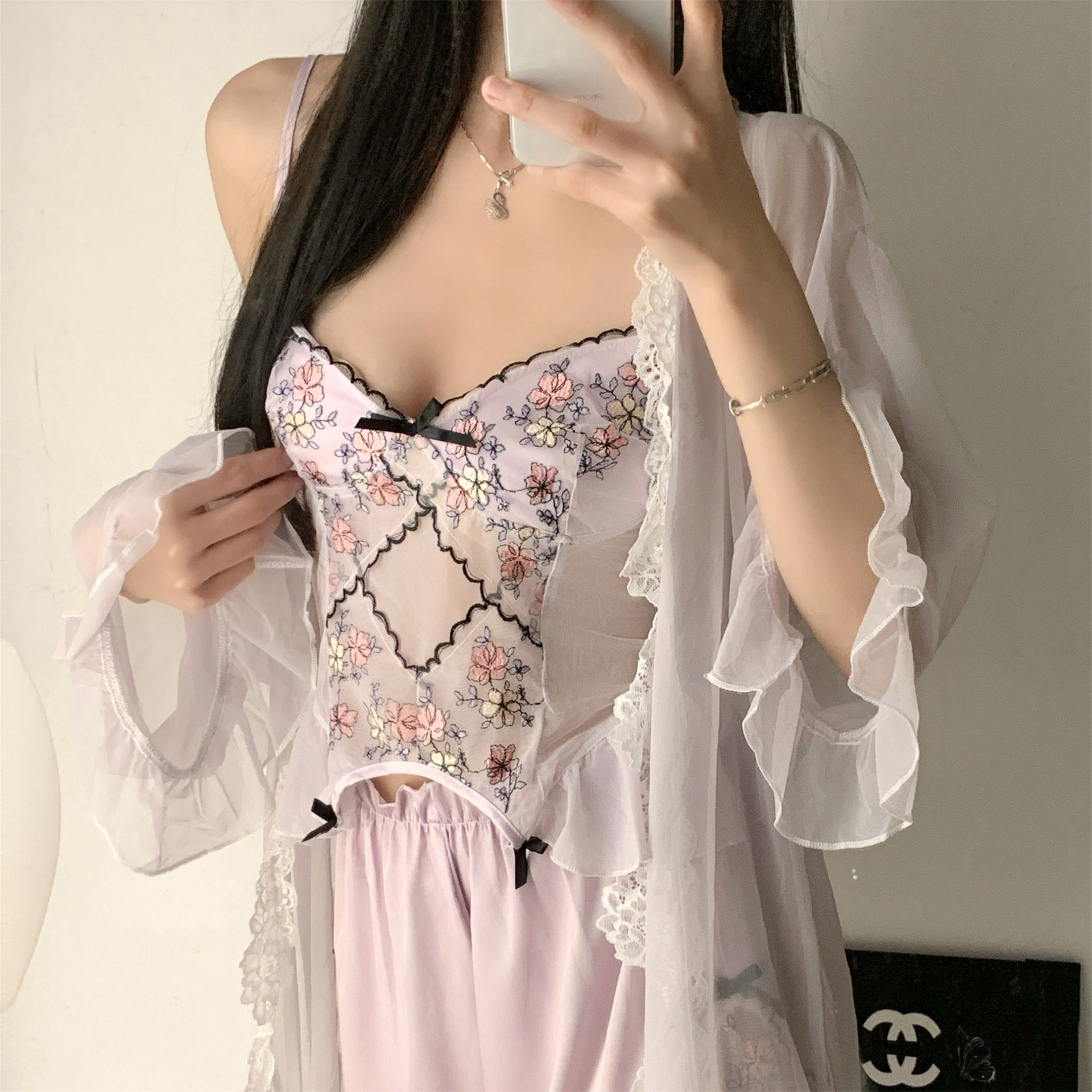 YASE [다채로운] 24 개의 그물 붉은 폭발 잠옷 순수한 바람 멜빵 반바지 세트 가슴 3 피스 세트