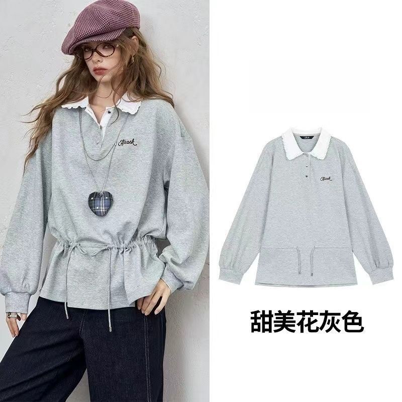 2026 Spring New Ballet Collar Sweatshirt with Lace Trim, Waist-Cinching Drawstring, Vintage Loose Top for Women 2026 Spring New Ballet Collar Sweatshirt with Lace Trim, Waist-Cinching Drawstring, Vintage Loose Top for Women