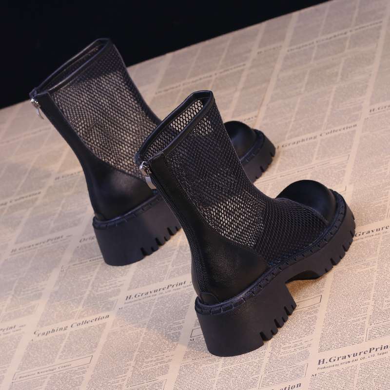 Short Boots for Women 2025 Spring and Summer New Style Thick Heel Mesh Breathable Martin Boots Hollow Thick Sole Popular Gauze Sandals
