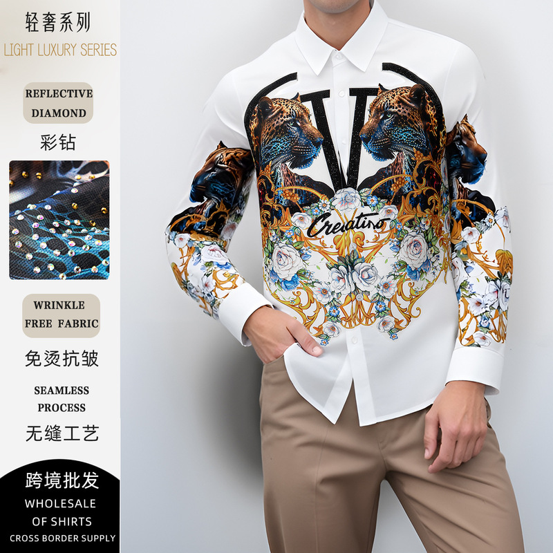 Luxury Men's Long-Sleeve Shirt with a High-End Feel, 3D Digital Print, Rhinestone Leopard Design, Non-Iron, Loose Fit, in Stock for Wholesale