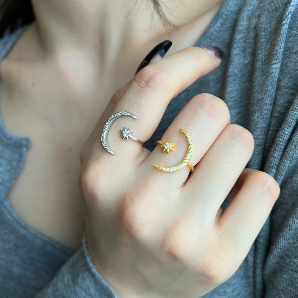 Adjustable Ring Size 1 Piece Quantity 925 Sterling Silver Rhinestones Leaf Moon Butterfly Open Ring