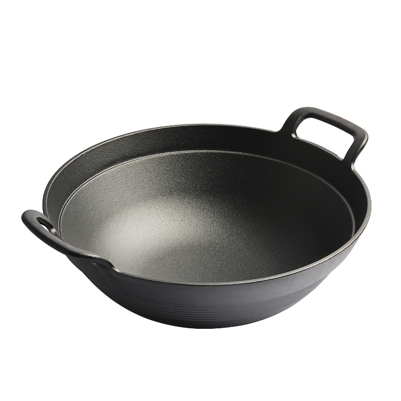Pequeña felicidad hierro fundido antiguo profundización wok integrado sin recubrimiento olla de hierro puro hogar doble oreja fondo redondo wok grande