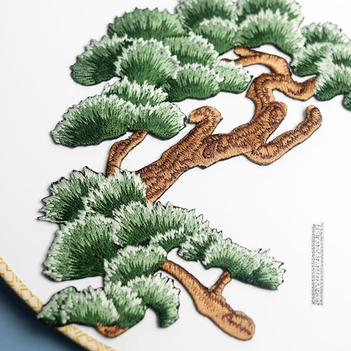 Symmetrical pine tree embroidery patch, large size, Chinese style clothing patch, repair patch with gold and silver green backing, iron-on suitable