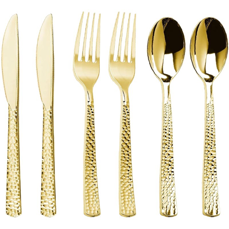 Disposable Hammered Plastic Knife, Fork, and Spoon Set for Parties, Electroplated Faux Metal, Simple Diamond-Patterned Cutlery Set of Three