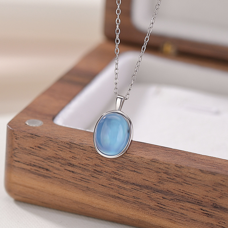 Mặt dây chuyền bạc S925 hình trứng aquamarine phong cách Hàn Quốc — Mặt dây chuyền đơn (không bao gồm dây chuyền)