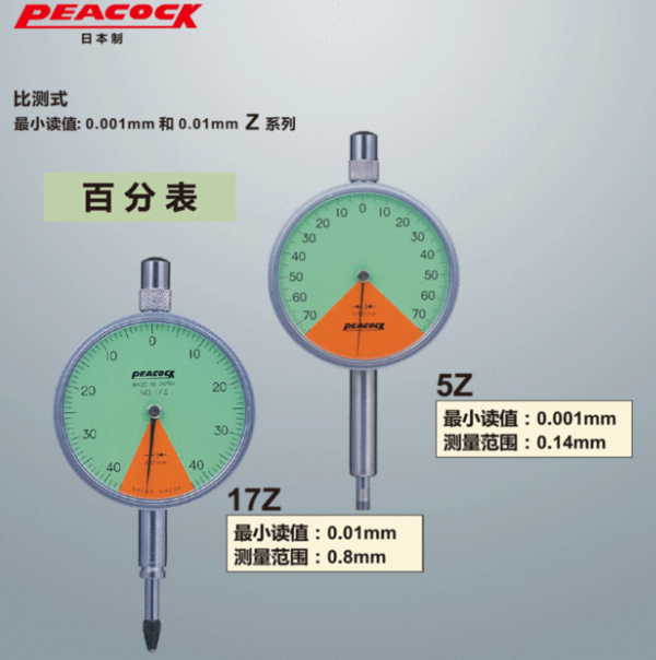 日本PEACOCK针盘式量表比测式Z系列 测定子付X-1指针式百分表17B