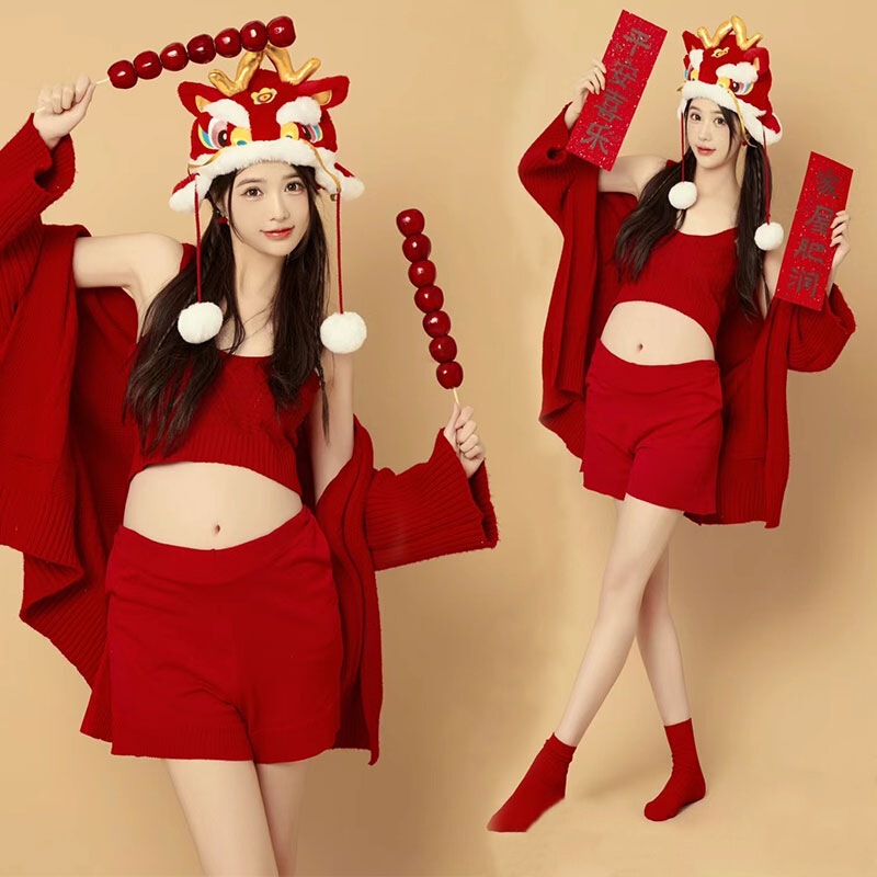 Dragon year new maternity photo theme festive red suit studio New Year Christmas cute style knitted photography clothing