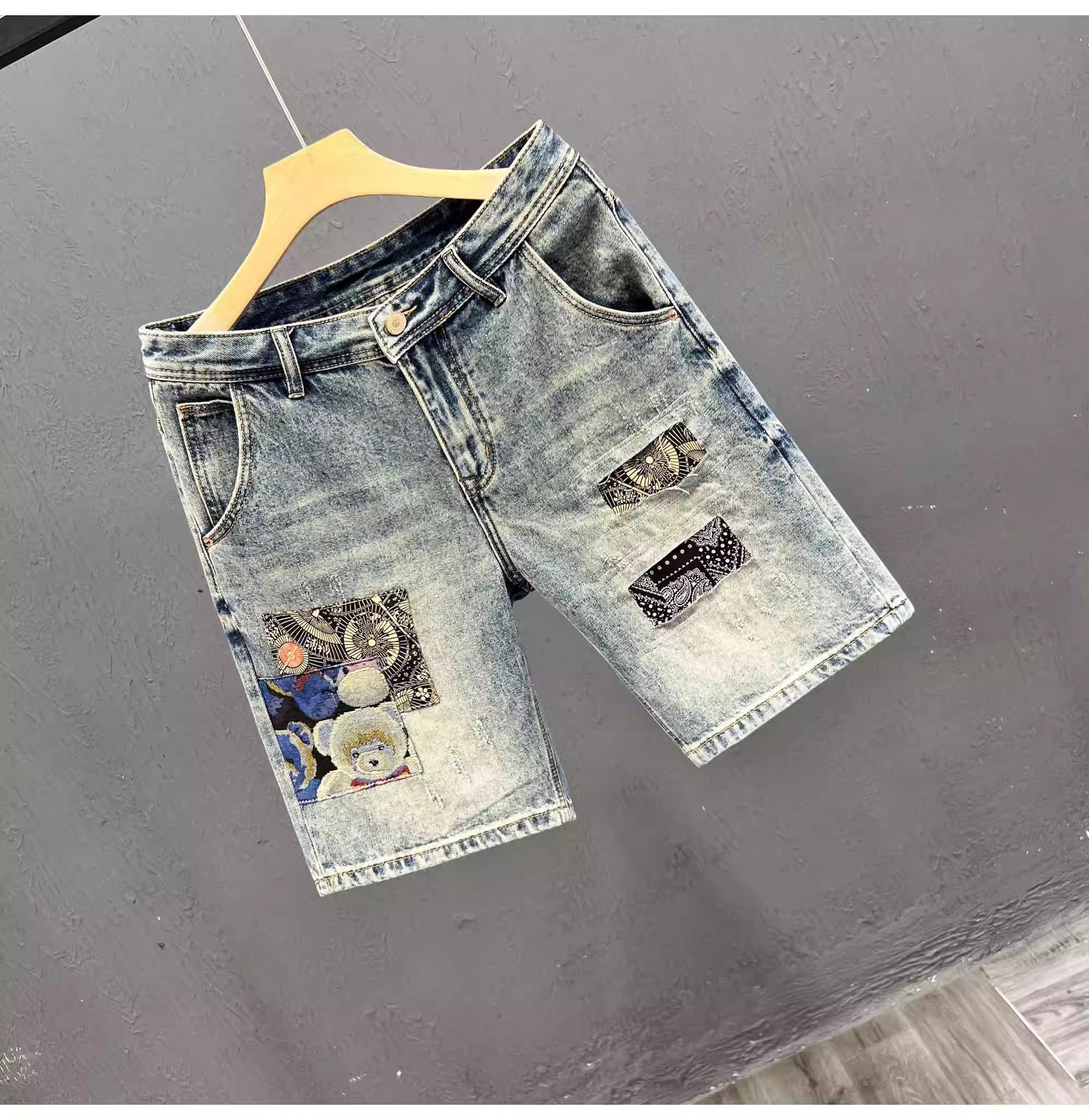 Men's Denim Shorts Patchwork Embroidery Ripped High Street Style_voghion.com