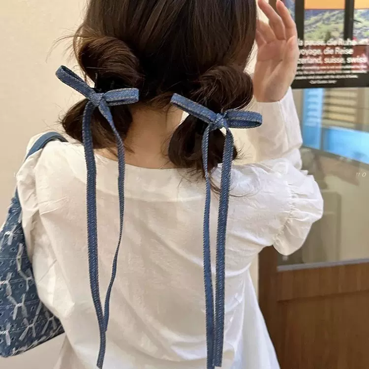 韩系超仙牛仔蝴蝶结飘带抓夹女新款发夹后脑勺气质鲨鱼夹头饰马尾