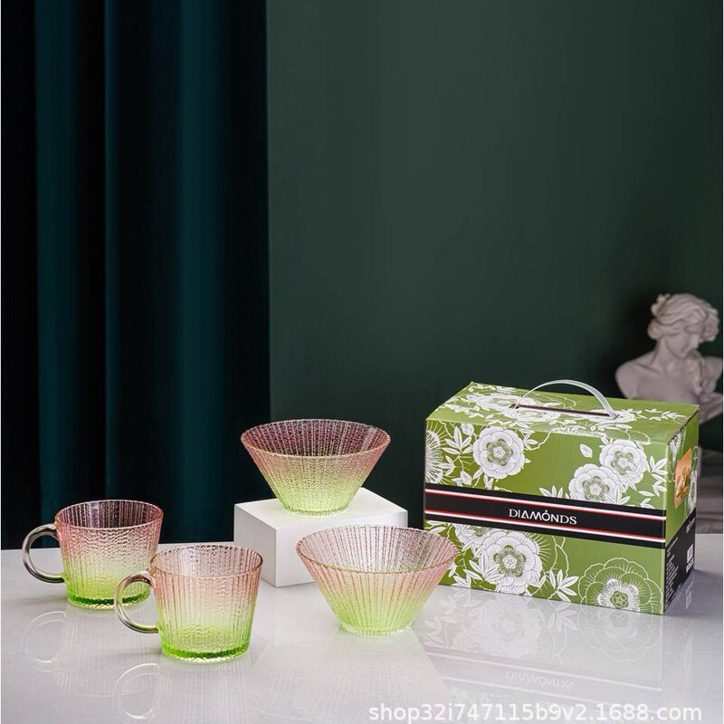 Damon Stripes Colorful Handle Cup 4 Pieces Dm-Bwxc/L4 Glass Bowl Tableware Set Event Gift