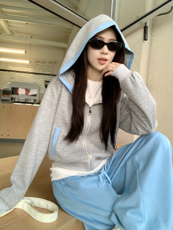 韩系运动风撞色连帽宽松长袖卫衣外套阔腿裤女2025秋季时尚套装潮|undefined