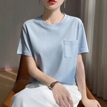 2026夏季新款口袋纯棉短袖丝光棉T恤女圆领宽松时尚简约上衣打底